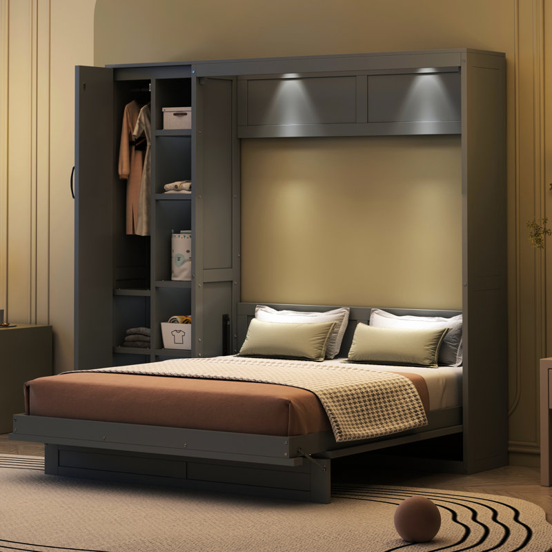 Lit double de couleur grise avec tablettes, garde-robe et lumières à DEL pour économiser de l'espace, garde-robe - Beauté
