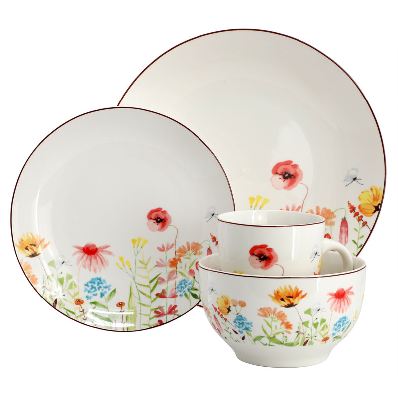 Winston Porter Wildflower Meadow 16 Piece Stoneware Dinnerware Set in White and Multi