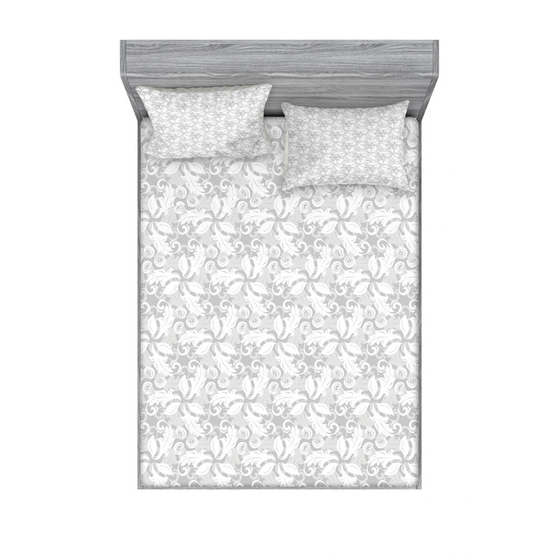 Microfiber Floral Sheet Set, Queen Sheet Set with Fitted Sheet, White/Gray Floral