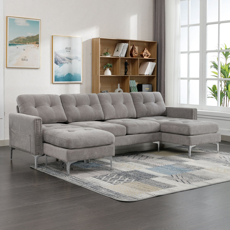 Canapé modulaire convertible en L 110 po, Velours jaune, Argent argent