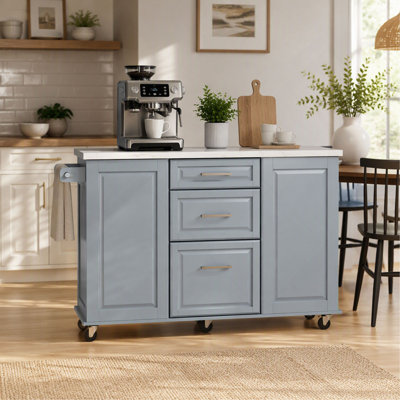 50.7 Inch Kitchen Island with Storage Tilt Trash Can Cabinet and Pull Out Cabinet Organizer, Rolling on 5 Wheels with Drop Leaf, 2 Drawers, 1 Door