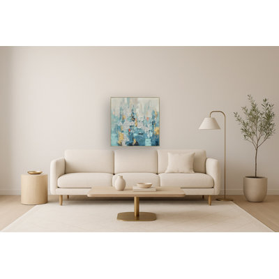 Teal Harmony Abstract Canvas Canvas Wall Art - 35" x 35" - Champagne Gold Frame