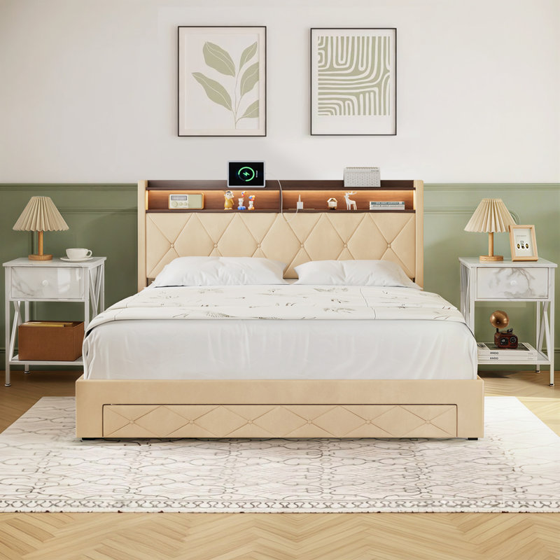 Ensemble de chambre à coucher 3 pièces avec lit de rangement rembourré et 2 tables de chevet, tête de lit bibliothèque avec lumières DEL, cadre de lit de station de charge, lit plateforme capitonné, ensemble de table de chevet industriel,