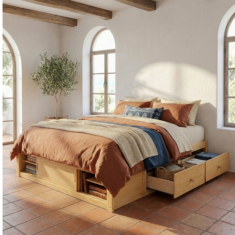 Loria Size Platform Bed Frame With 4 Storage Drawers And Footboard Storage Cubby, No Headboard, Modern Space-Saving Design-Natural