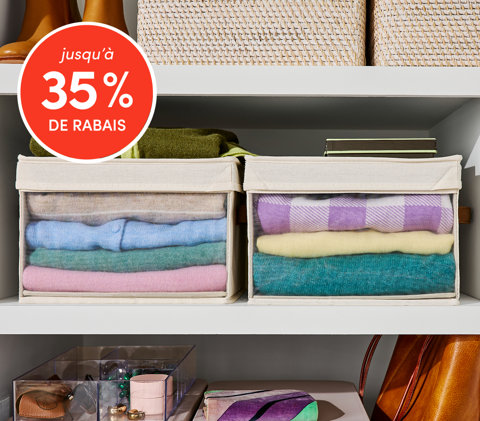 Rangement de garde-robe jusqu'à 35 % de rabais avec bacs de rangement en tissu et paniers tressés sur étagères