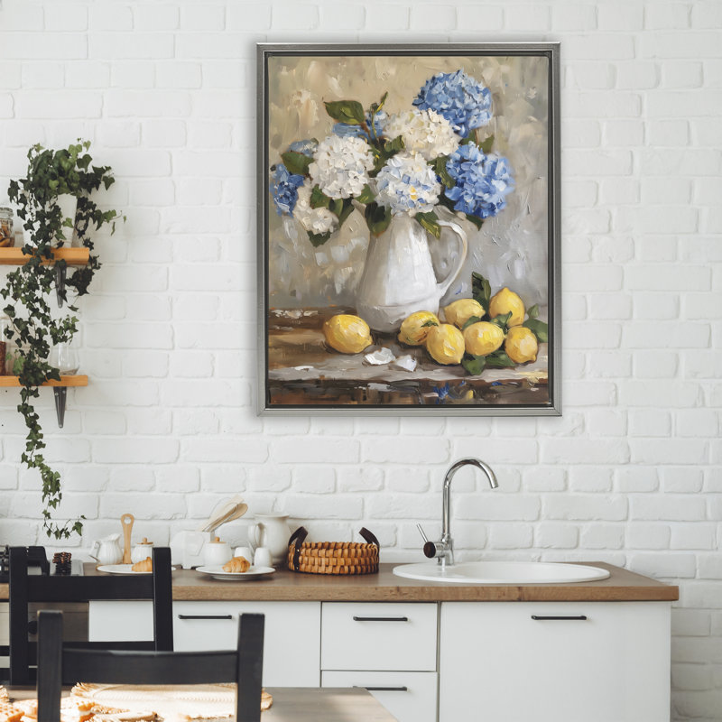 Hydrangeas and Citrus Still Life Floating Frame, design by LSR Creative Studio, 31" H x 25" W, Luster Gray Floater Frame