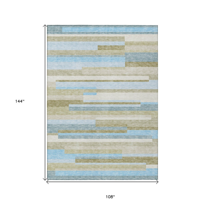 HomeRoots 9' X 12' Sky Blue And Denim Blue Striped Washable Indoor Outdoor Area Rug