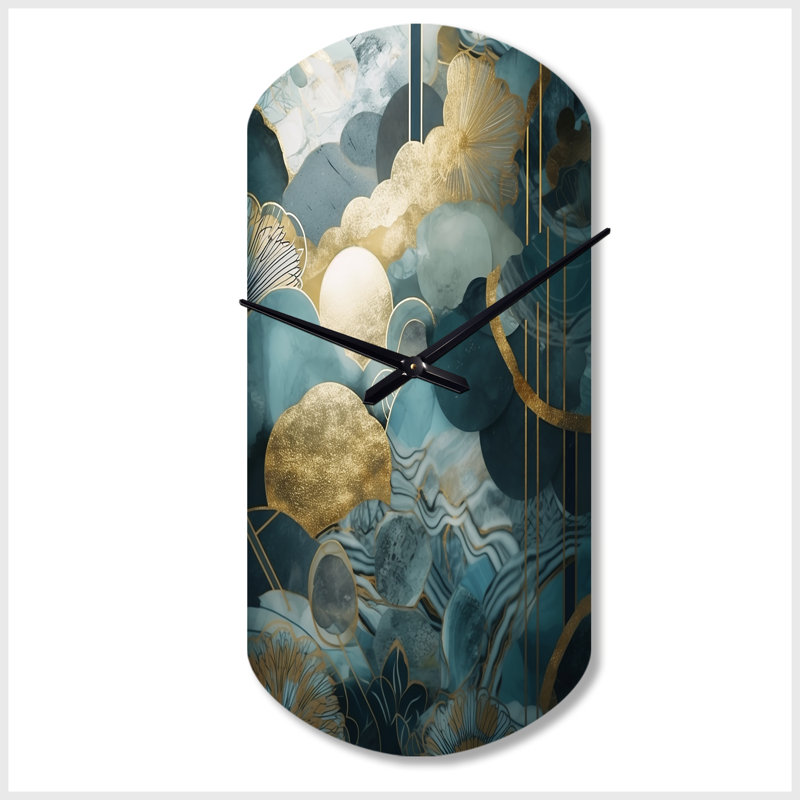 Bleu et or abstrait harmonies de la nature - horloge murale cylindrique florale en métal, horloge asymétrique bleue, Petit