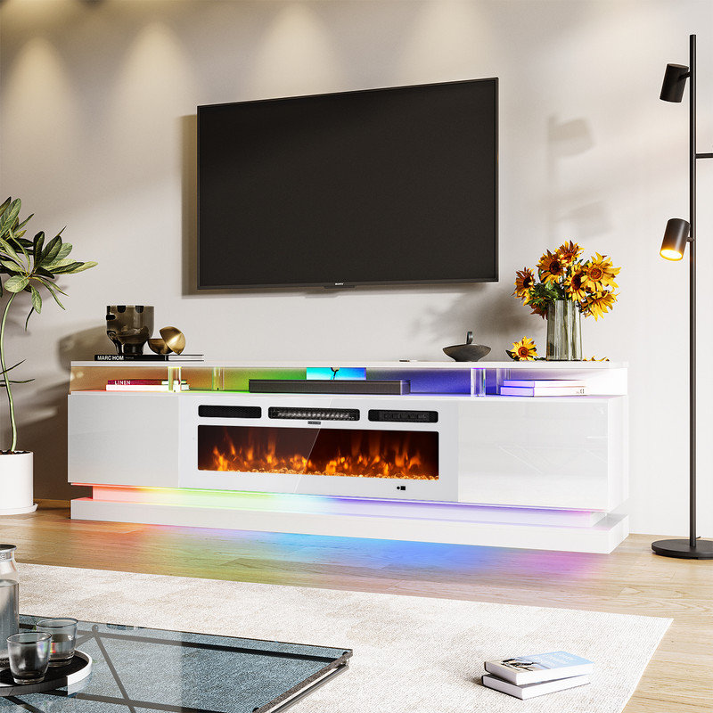 TV Stand With Fireplace, 61" H x 178" W x 35" D, White