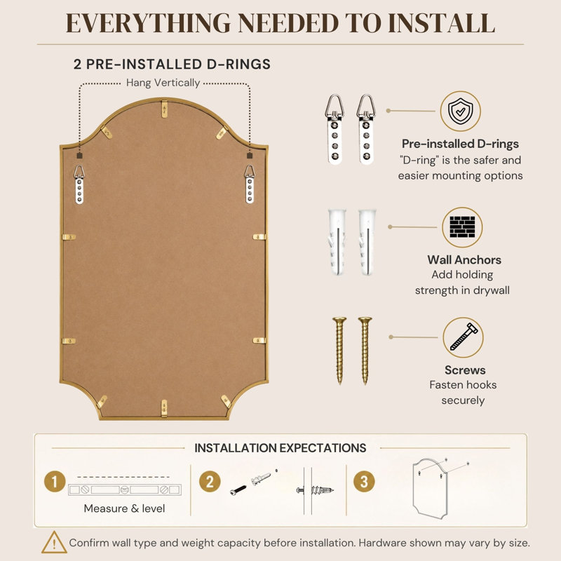 Airius Decorative Scalloped Bathroom Vanity Mirrors, Arched Wall Mirror, Brushed Gold, 32" x 24"
