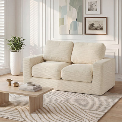 Floor Couch, Loveseat Foam Sofa with Removable Corduroy Cover, Back & Seat Cushions Beige