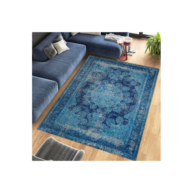 Tapis bleu délavé à motif tissé délavé à la machine, Rectangle 4 pi 7 po x 6 pi 7 po