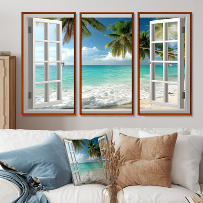 Fenêtre ouverte vue sur la plage au Mexique - ensemble d'art mural fenêtres côtières
