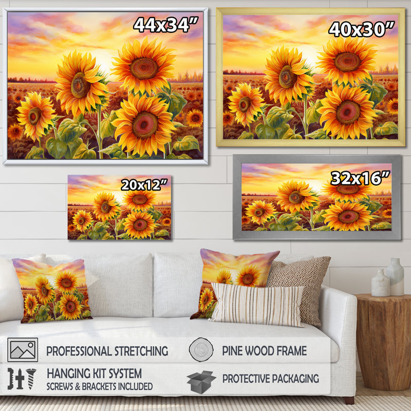 «Burning Sunset Sunflowers Field» sur toile, Toile tendue, H 16 po x l 32 po x P 1 po
