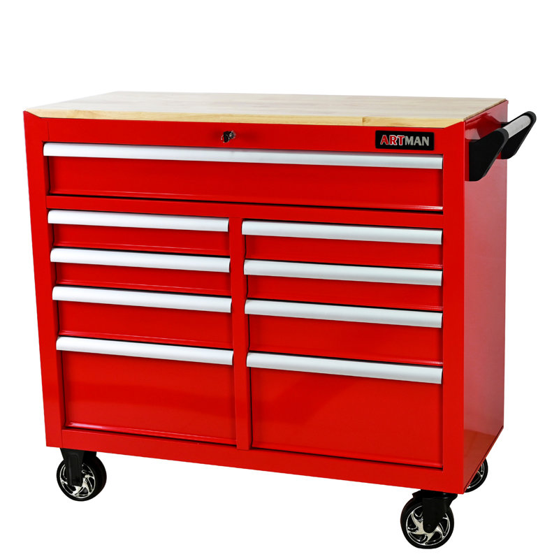 9 DRAWERS MULTIFUNCTIONAL TOOL CART WITH WHEELS AND WOODEN TOP, Red