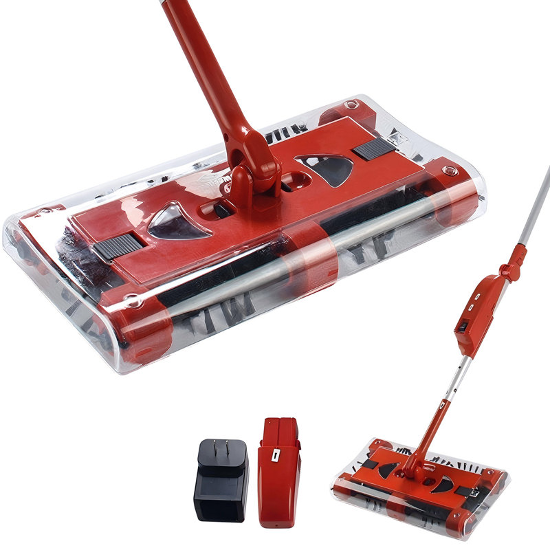 Manual Floor Sweeper Lightweight Floor Cleaner, Cordless Rechargeable Floor & Carpet Sweeper with Low Profile Body to Reach Under Furniture, Red