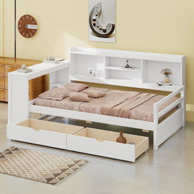 Space Saving Corner Daybed with Desk, Storage Drawers, Charging Port