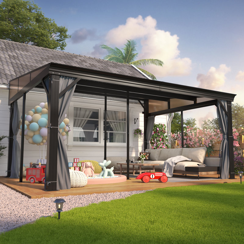 12 ft. W x 16 ft. D Wall-mounted Galvanized Steel Hardtop Gazebo, Heavy-duty Aluminum Frame Patio Gazebo with Netting & Curtains