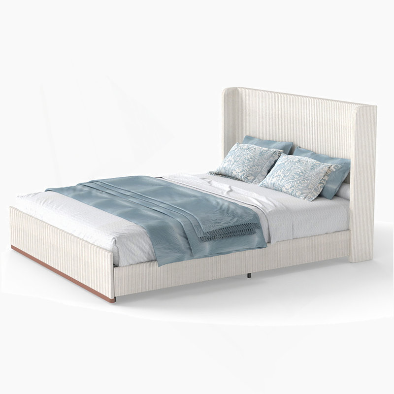 Très grande base de lit tapissier avec tête de lit à oreilles de luxe de 47 pouces, velours côtelé crème et très grand rangement