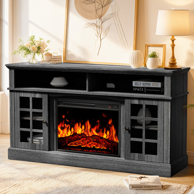 Anias TV Stand for TVs up to 70'' With Electric Fireplace Included, Black, 31.9" H x 56.3" W x 15.75 D