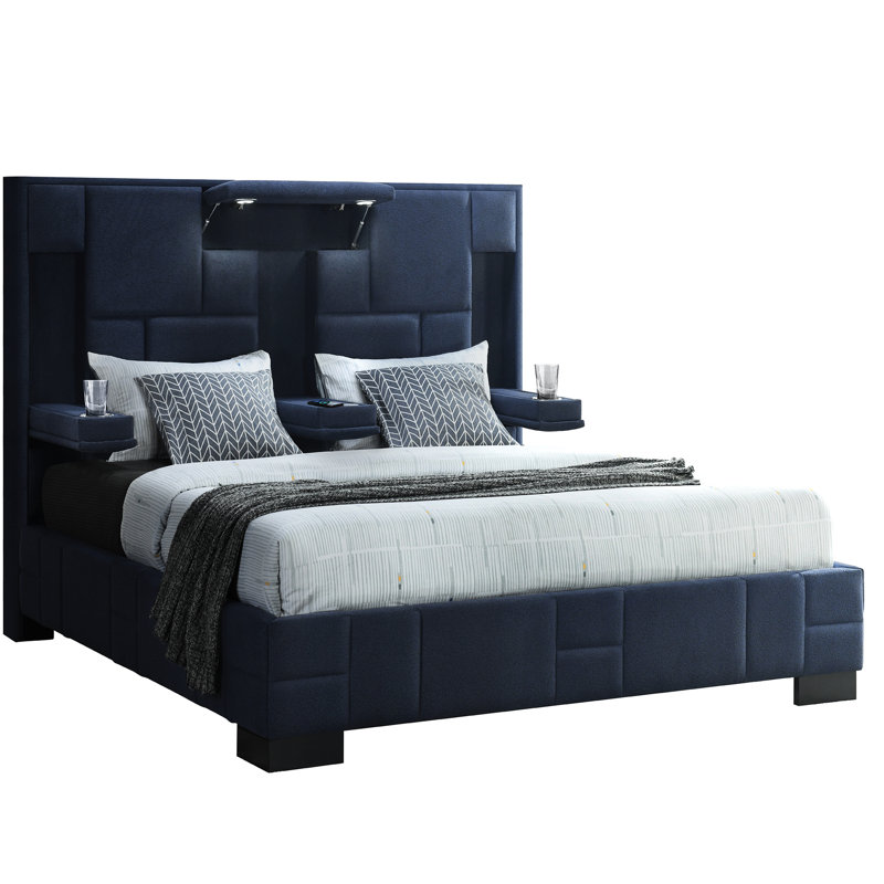 Très grand lit moderne bleu marine avec haut-parleurs intégrés, charge sans fil et lampes de lecture style contemporain, rabattable