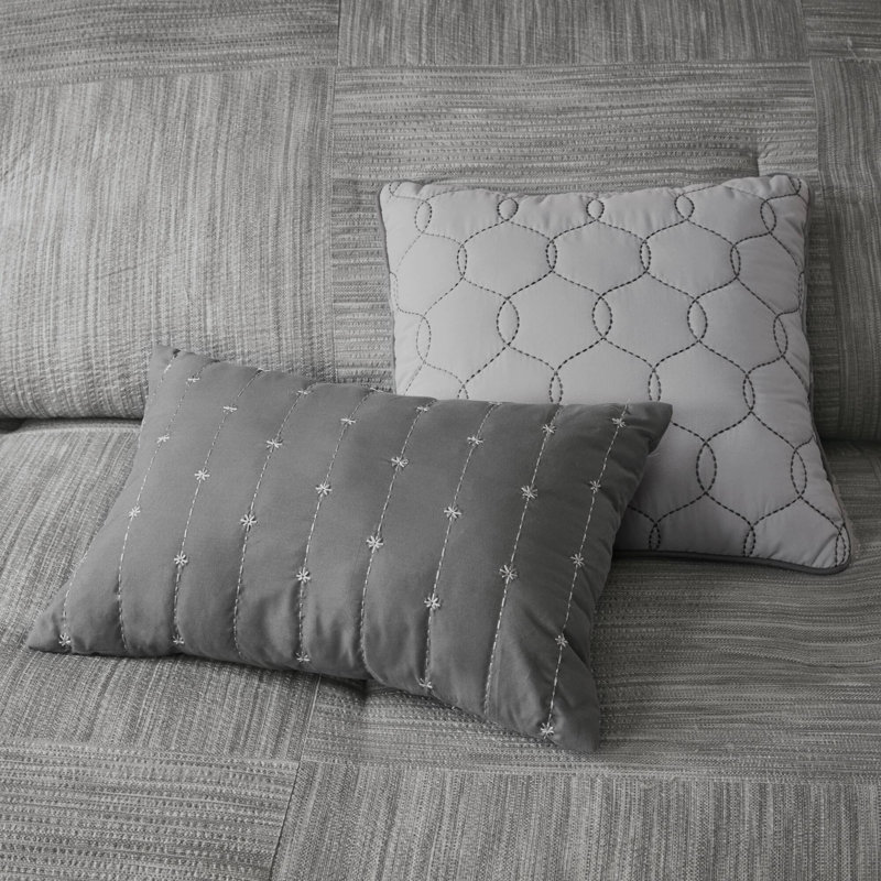 Ensemble d'édredon en tissage 7 pièces Walter, Édredon pour grand lit + 1 jupe de lit + 2 taies , Gris