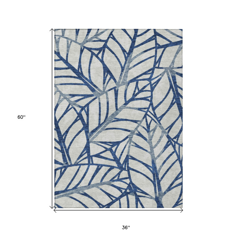 Navy Blue And Beige Floral Washable Indoor Outdoor Area Rug, Rectangle 3' X 5'