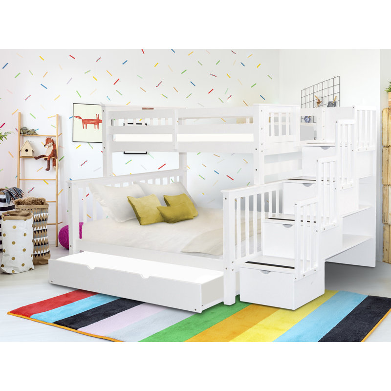 Tena Solid Wood Standard Stairway Bunk Beds Full over Full, 4 Drawers in the Steps, White, White, Full over Full