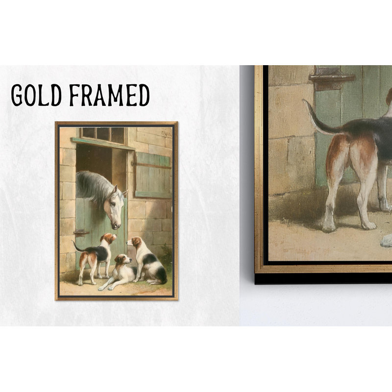 Reproduction d'art sur toile imprimée: Élégant décor de cheval et de chiens, toiles encadrées dorées 1P