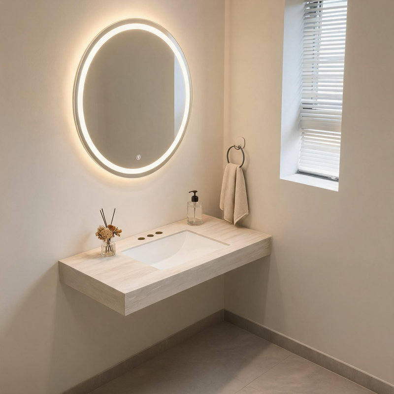 Comptoir en pierre frittée de 48 pouces, motif travertin beige Roma, avec lavabo en céramique encastrée et trois trous prépercés pour robinetterie standard.