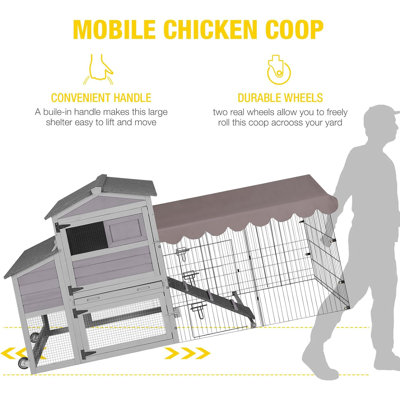 Chicken Coop with Wheels Mobile Hen House Poultry Cage for 4-6 Chickens with Metal Run and Nesting Box 79" L