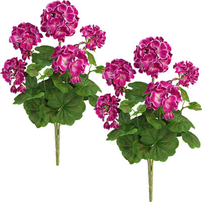 2 géraniums artificiels de 18 po pour l'extérieur, fleurs en soie magenta résistantes aux rayons UV pour décoration de patio de fenêtre, fuchsia vibrant et imperméable