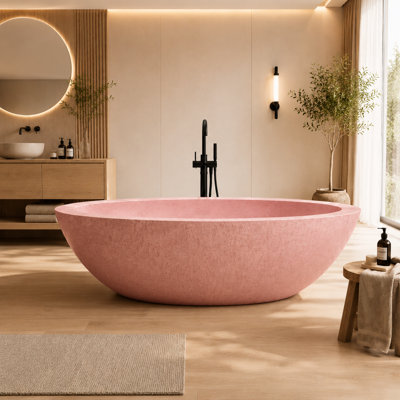 74.8" x 39.8" Deep Soaking Concrete Blush Solid Surface Freestanding Oval Bathtub 