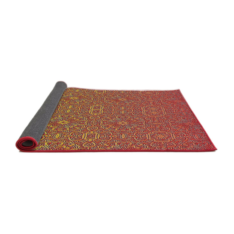 Tapis rouge/jaune à motifs, Rond 4 pi