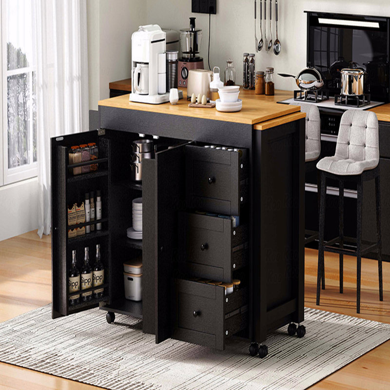 74.8" Kitchen Island With Extendable Dining Table, Kitchen Storage Cart With 3 Drawers, Power Outlet, Rolling Kitchen Island On Wheels With Spice Rack And 2 Door Cabinet, For Kitchen