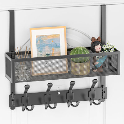 Over The Door Hooks Organizer With 12 Coat Hooks And Storage Basket, Heavy Duty Metal Door Hanger Towel Rack For Bedroom, Kitchen, Bathroom Closet Organization