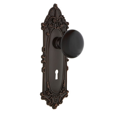 Plaque victorienne avec trou de serrure décoratif et bouton de porte en porcelaine noire