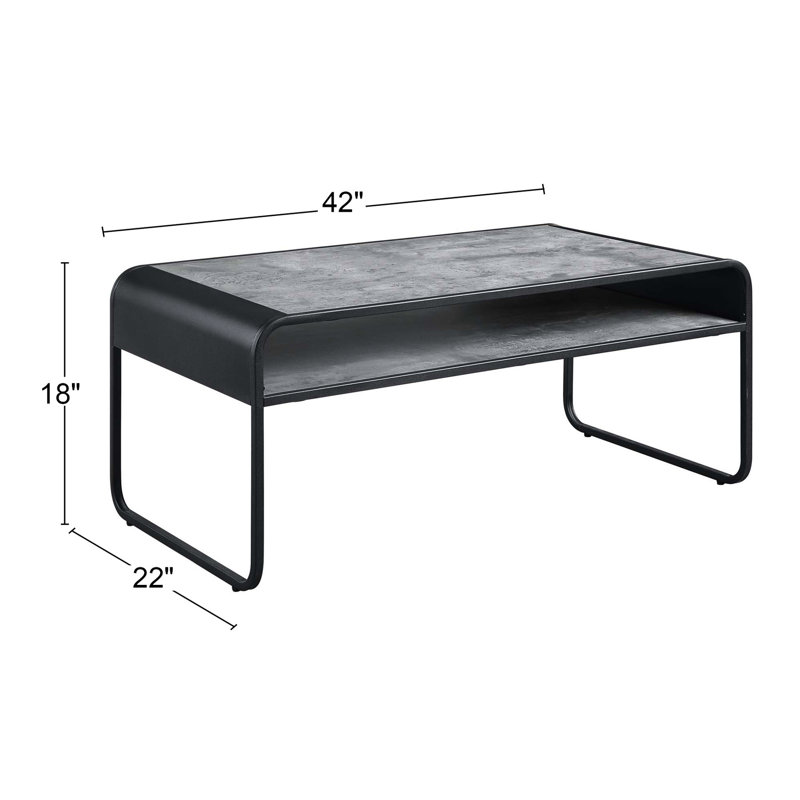 Table basse de style industriel moderne avec structure en métal, finition grise et tablette ouverte pour la structure de rangement rectangulaire noire