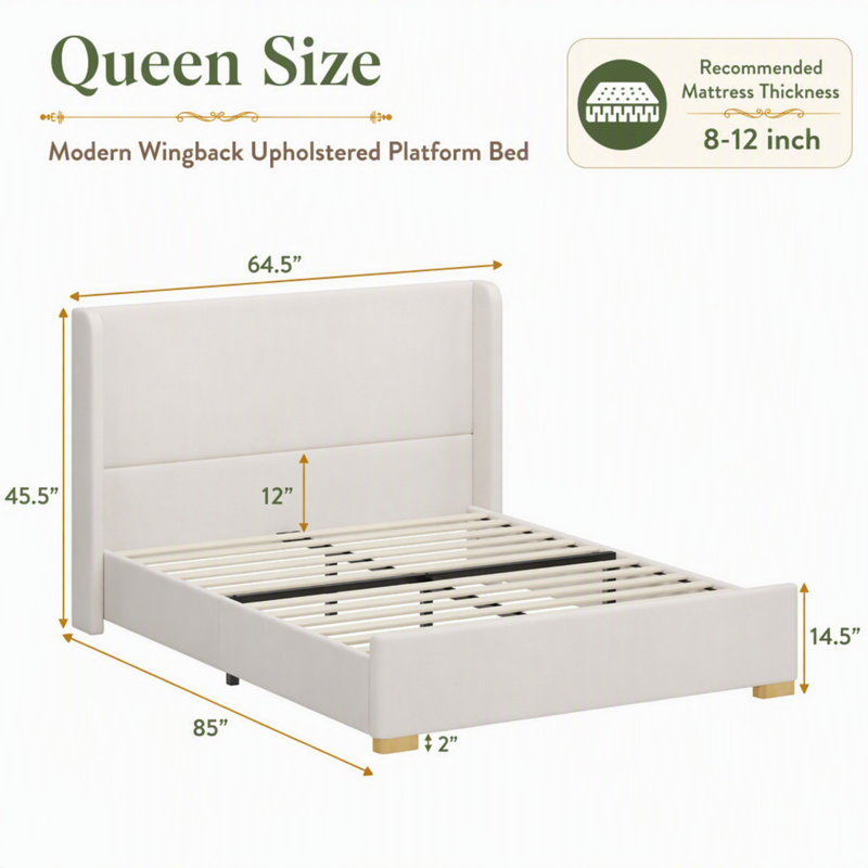 Structure de lit plateforme tapissier avec tête de lit à oreilles et pieds en bois d'hévéa, Queen, Crème