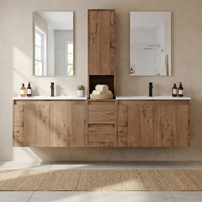 Meuble-lavabo double 72 po avec armoire supérieure, lavabo en céramique et conception sans poignée 72 po