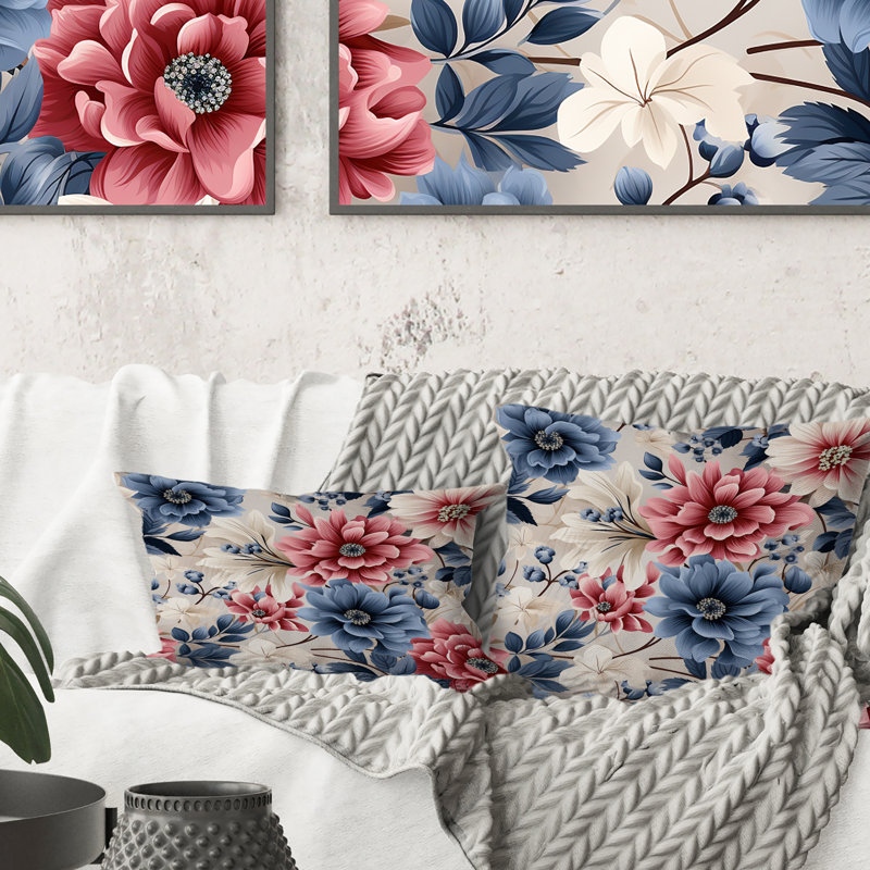 Coussin décoratif imprimé floral rose et bleu, 16" x 16"