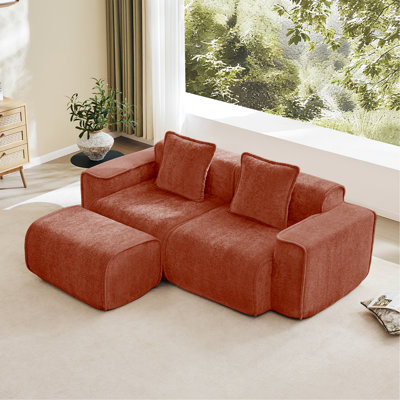 Streamlined Design Modular 2 Seat L Shape Sectional Boneless Sofa With French Edge Piping, No Assembly Required, 2-Seat Sofa Couch With Throw Pillows And 1 Movable Ottoman, Velvet Fabric Red