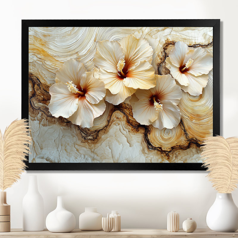 Citronnelle, fleurs d'hibiscus sur fond de marbre crème - art mural hibiscus, Reproduction encadrée d'une seule photo, Noir