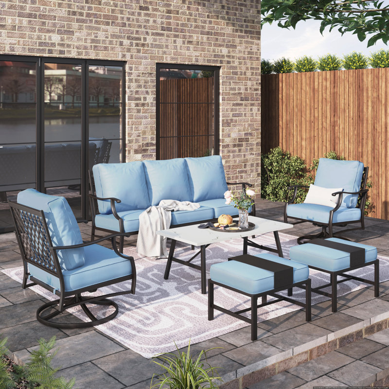 Asfand 5-Person Metal Patio Conversation Set with Swivel Lounge Chairs, Cushion Pro Blue Performance, Yes