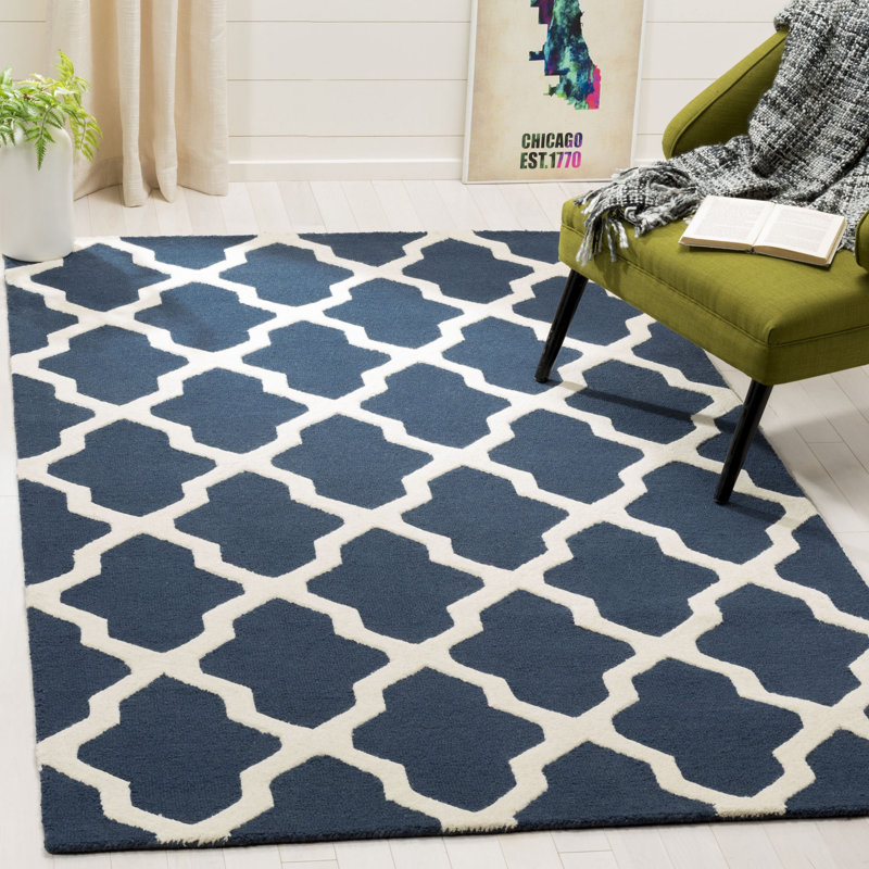 Cannen Hand Tufted Wool Geometric Rug, Rectangle 5' x 8', Navy Blue/Ivory
