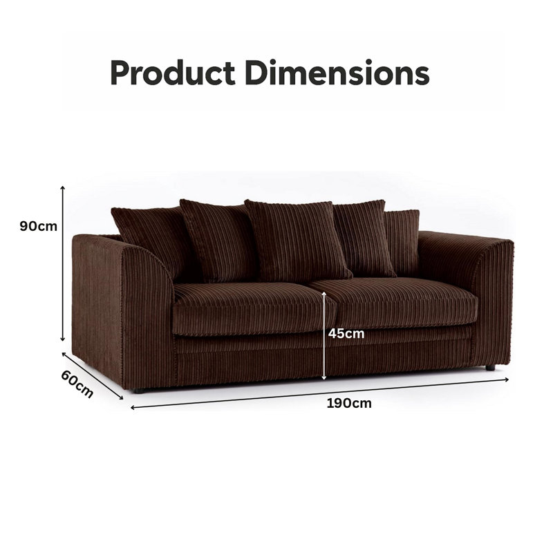 3 Seater Jumbo Cord Sofa – Small Back Sectional With Fixed Cushions & Deep Seating For Living Room Comfort, Brown