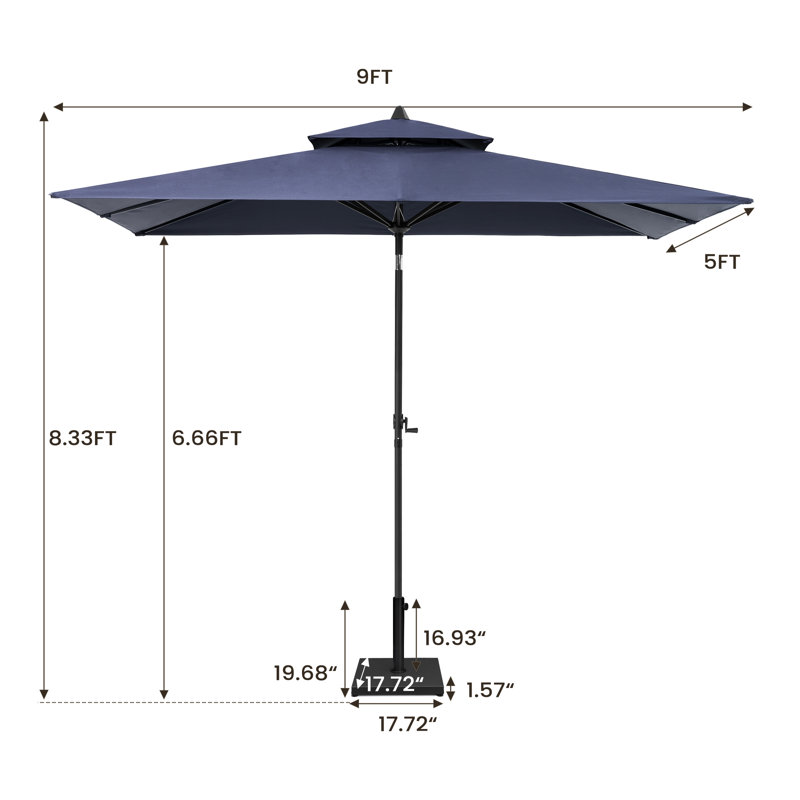 Parasol de marché rectangulaire inclinable 106 po x 59 po avec base lestée, Marine