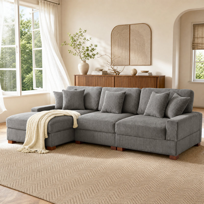 Milbrey 3-Piece Corduroy Modular Sectional with Loose Back, Light Gray Corduroy, Left Hand Facing