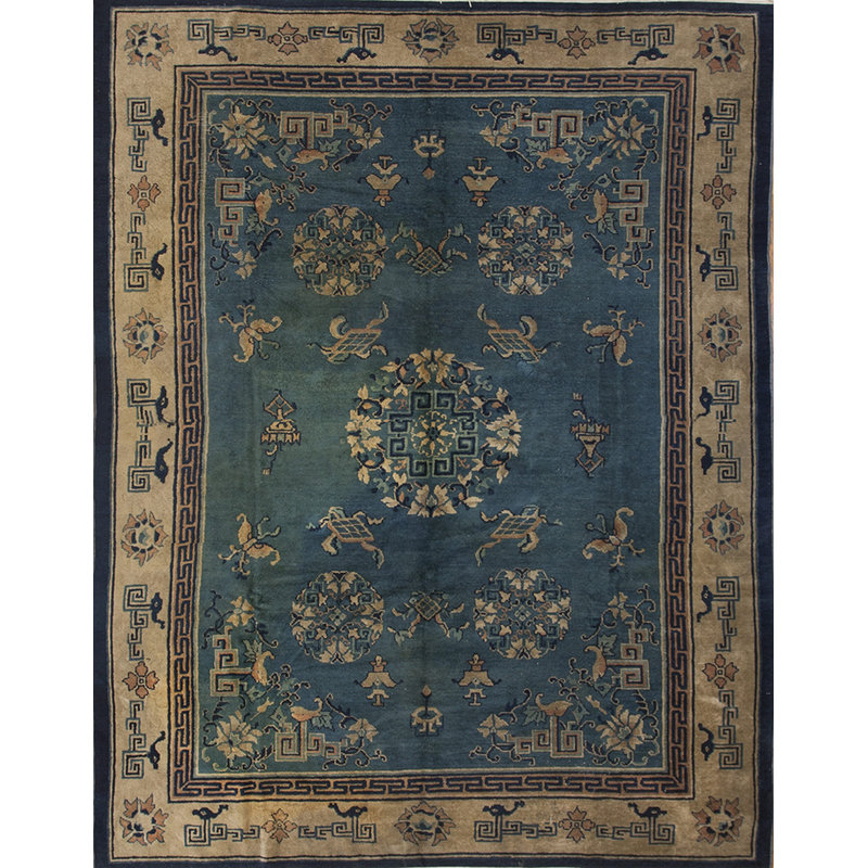 1900s Hand Knotted Pile Wool Antique Floral Medallion Rectangle Blue Rug