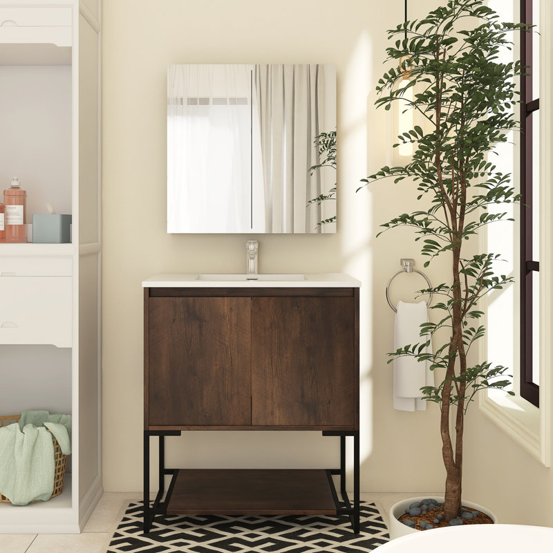 Meuble-lavabo simple 30 po avec plateau en résine Beloni, Palissandre, Blanc